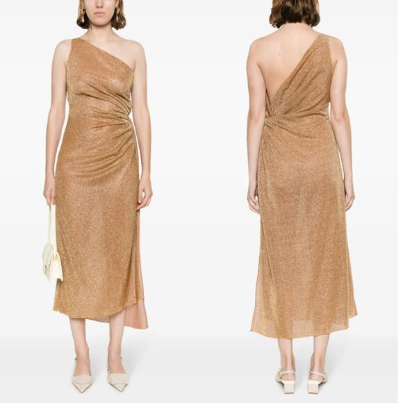 Oseree | SS24 Lumière Knot Dress Toffee Gold Glitter One Shoulder Midi Dress M-L - Picture 16 of 16